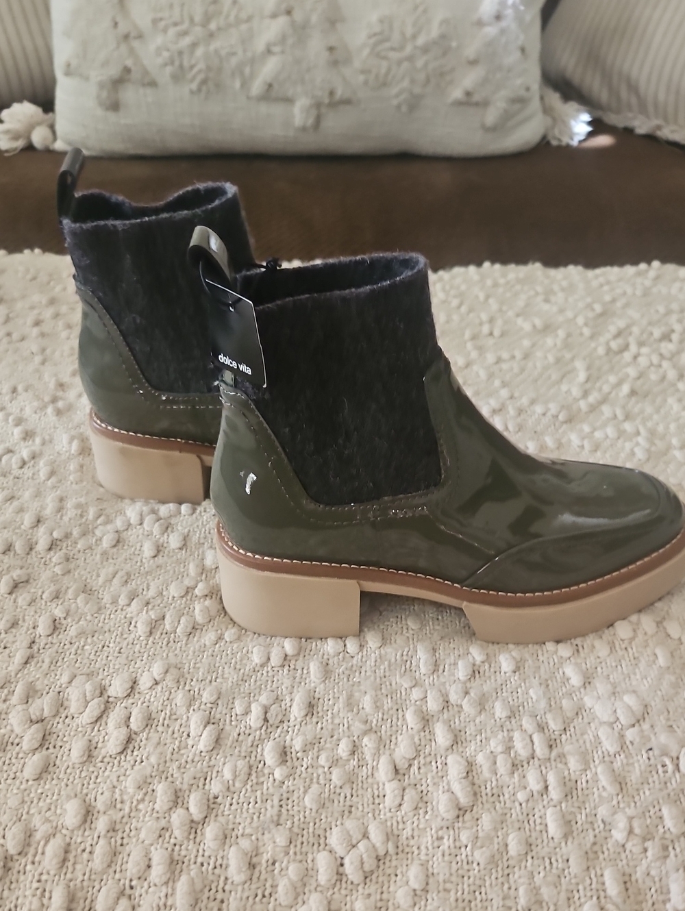 Dolce Vita Olive Patent Chelsea Bootie with Black Knit Collar